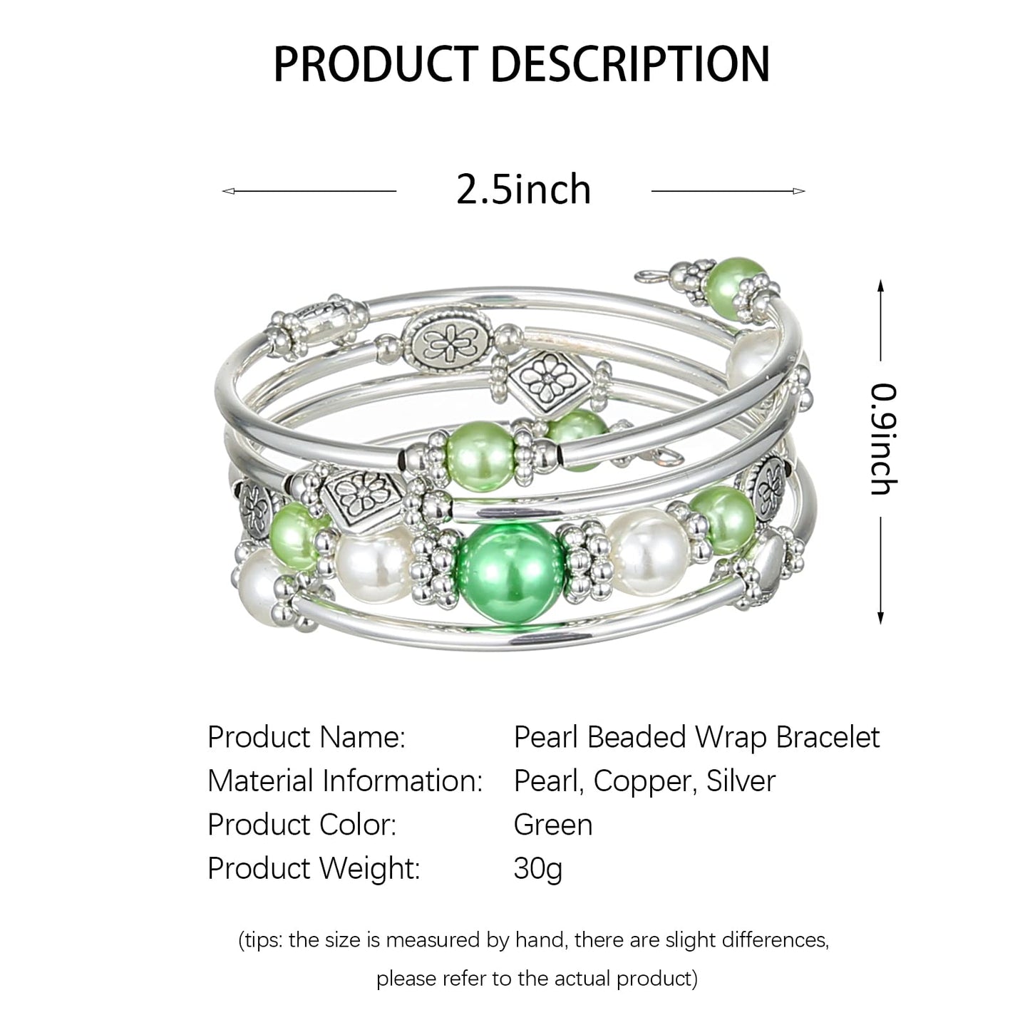 FULU AUTUMN Beaded Pearl Bangle Bracelets for Women Silver Wrap Bangles Bracelet Womens Costume Jewelry Fashion Gift(18-Green)