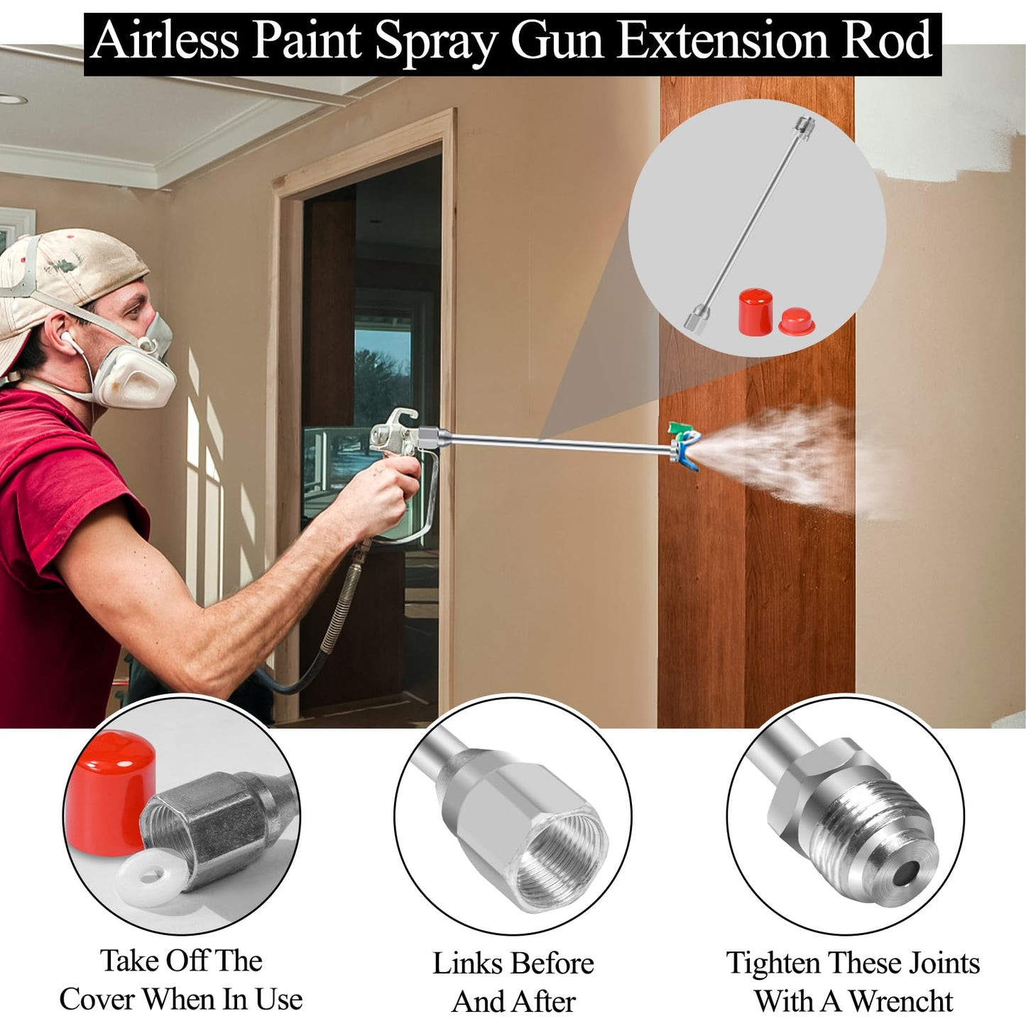5 Pack Airless Paint Sprayer Tip Extension Pole Multi-Sizes Extension Rod,Airless Painting Spray Gun Tip Extension Pole Rod with Red Guard (7.8in+11.81in+19.09in+29.13in+38.77in)