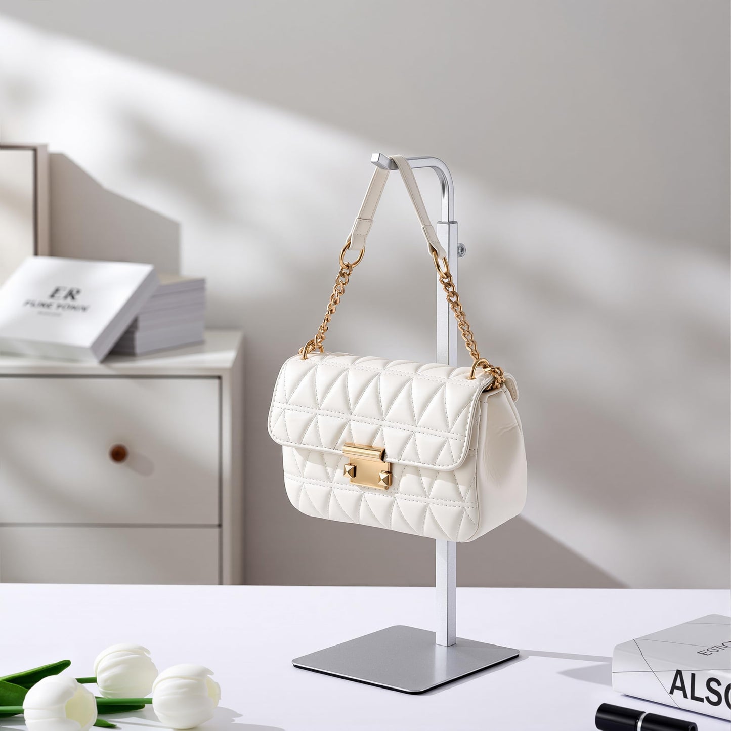 Josmimic 3 pcs Purse Holder Handbag Display Stand: Silver Hanger Rack for Bags, Purses, and Wreath, Adjustable Hook Stand for Tabletop, Closet, and Retail Use for Vendors