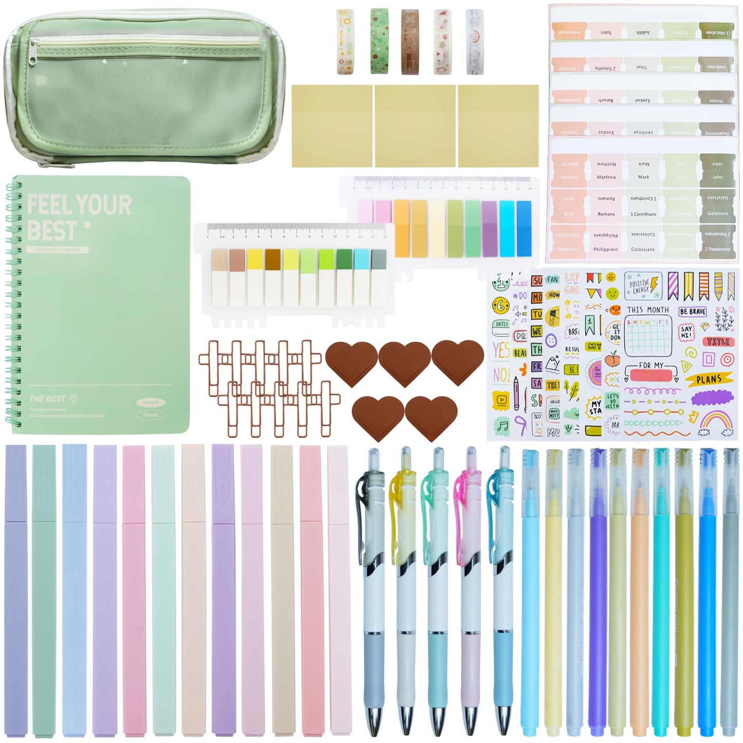 LEIOSAGN 67pcs Bible Study Supplies Journaling Kit for Study Group with Pencil Case, No Bleed Highlighters, Pens, Bookmarks, Notebook, Tabs, Index Stickers, Note Stickers, Transparent Sticky Notes