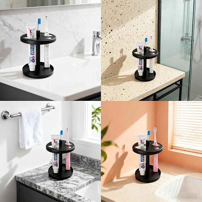 Black Metal Toothbrush Holder – Countertop 4‑Toothbrush Organizer Set with Toothpaste Holder, Fits Electric & Manual Toothbrushes, Rust‑Proof Bathroom Tooth Brush Stand Set