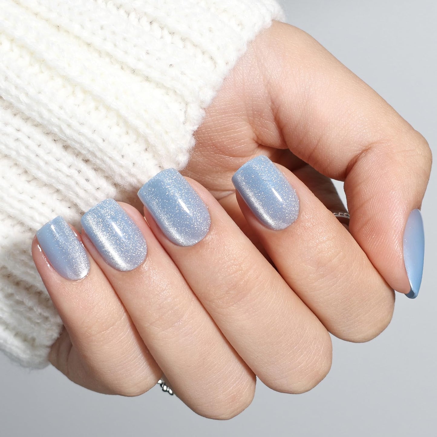 Blue Cat Eye Press on Nails - Short Square Blue Nails Press ons for Women, Reusable Glossy Fake Nails Kit with Glue, 30 Pieces in 15 Sizes