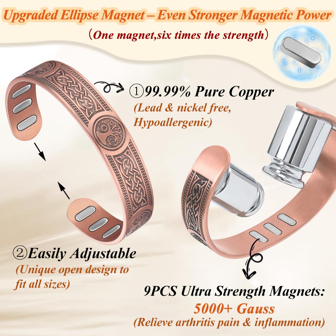 Cigmag Copper Bracelet for Men, with Powerful 9X 5000 Gauss Magnets, Adjustable Solid Pure Copper (Viking Sun Moon Life Tree)