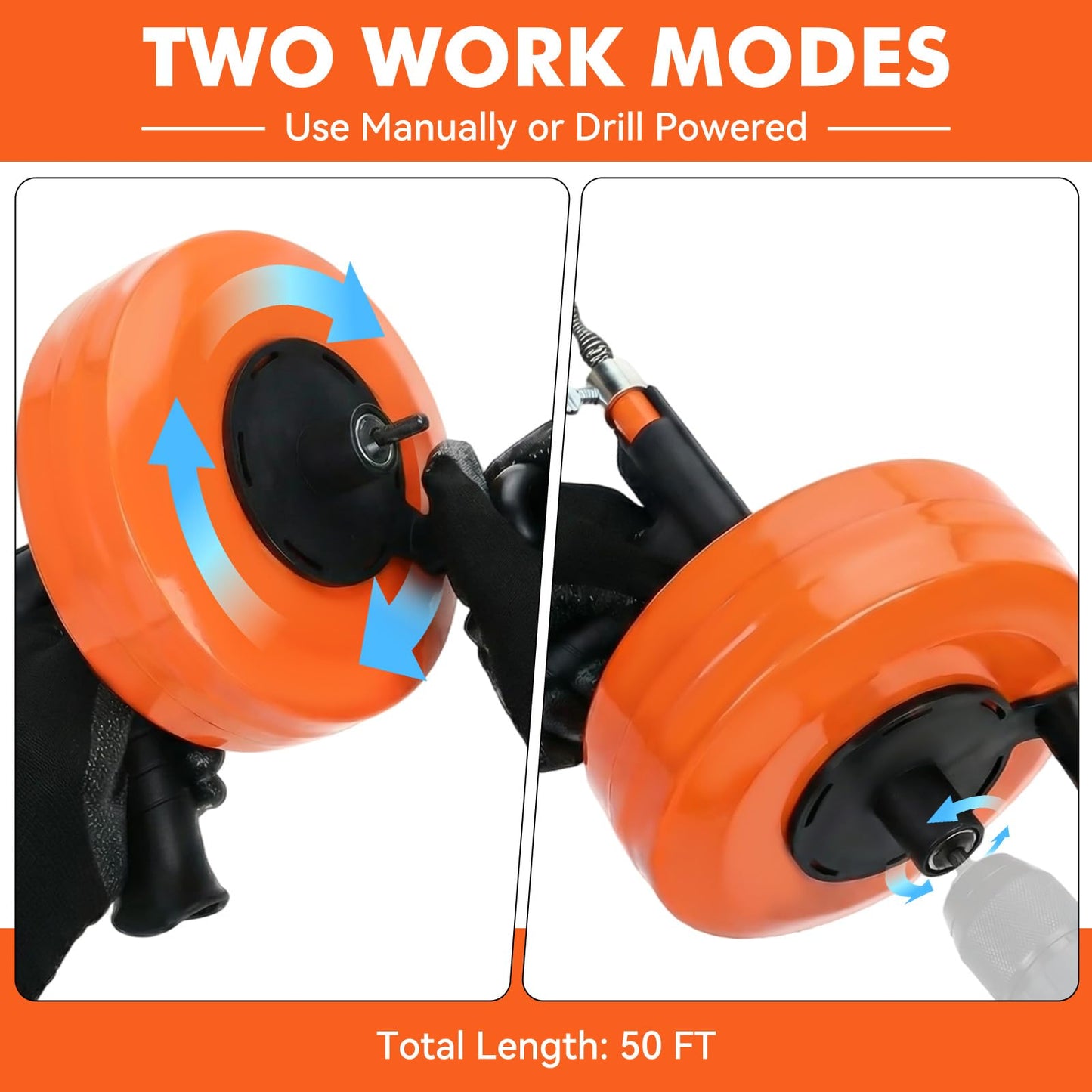 50FT Drain Auger, Dual-Mode Plumbing Snake with Drill Attachment, Sewer Pipe Clog Remover for Kitchen/Bathroom/Shower/Toilet, 6 Hair Clog Removers + Storage Bag, Destapador de tuberia (50 FT, Orange)