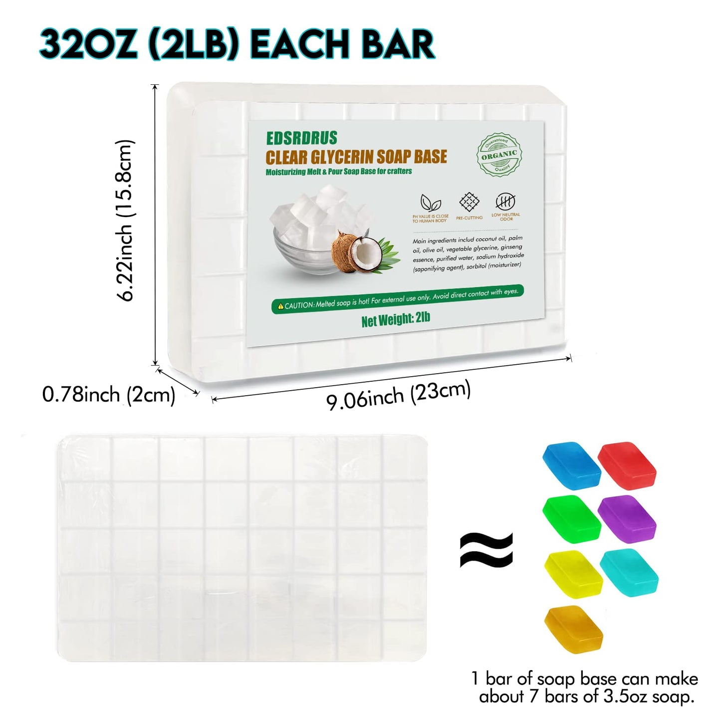 EDSRDRUS 2LB Unscented Glycerin Soap Base DIY Handmade Soap Moisturizing Melt and Pour Soap Base for Crafting, Vegetable Glycerin & Coconut Oil, Easy to Cut (Transparent, 2LB)