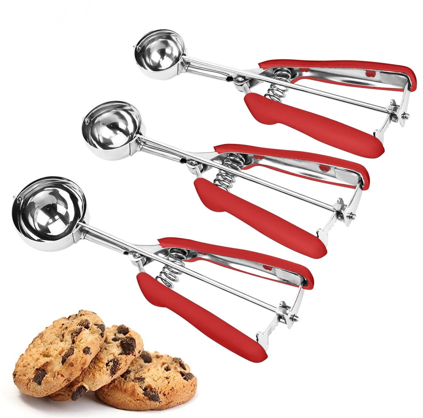 Cookie Scoop Set, 3Pcs Ice Cream Scoop, Cookie Scoops for Baking Set of 3, 18/8 Stainless Steel Cookie Scooper for Baking, Ice Cream Scooper with Trigger Release, Red Soft Grip Cookie Dough Scoop