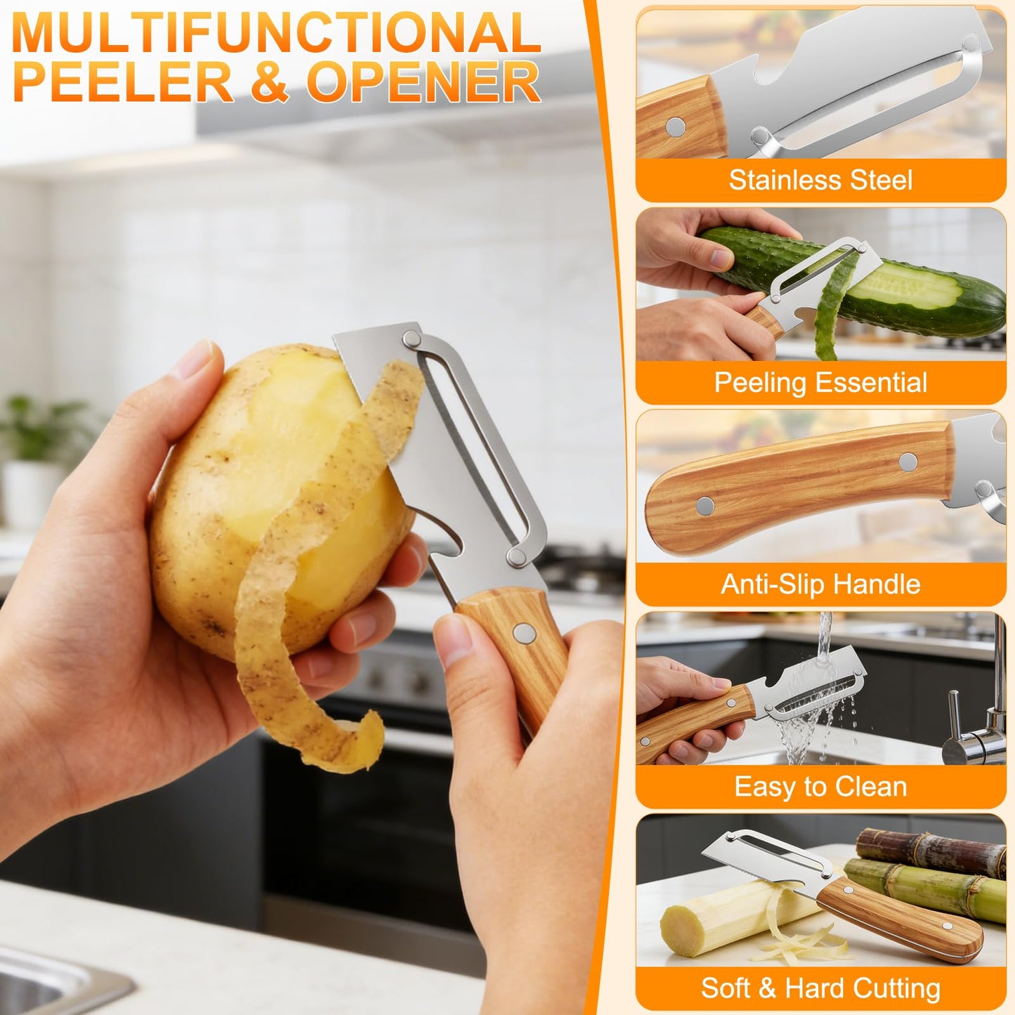 Multi-Functional Vegetable Peeler for Kitchen, with Wooden Handle and Bottle Opener, 2-in-1 Stainless Steel Blade Kitchen Tool for Fruit Apple Potato Pumpkin Papaya(2pcs)