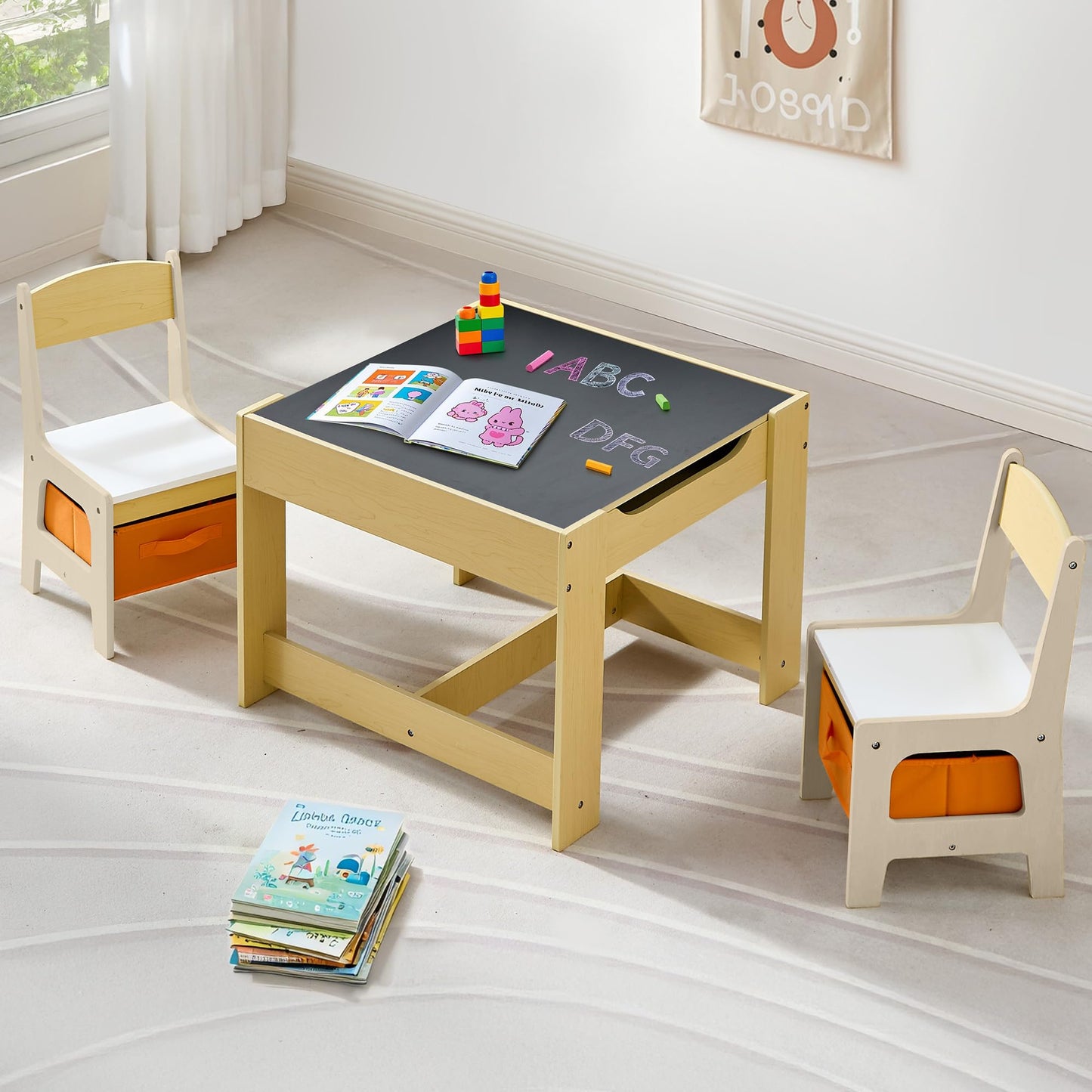 CuFun Kids Table and Chairs Set, 4 in 1 Wooden Kids Table with Reversible Tabletop, Children Activity Table with Removable Tabletop Storage, Toddler Table and Chair Set for Home, Nursery, Playroom