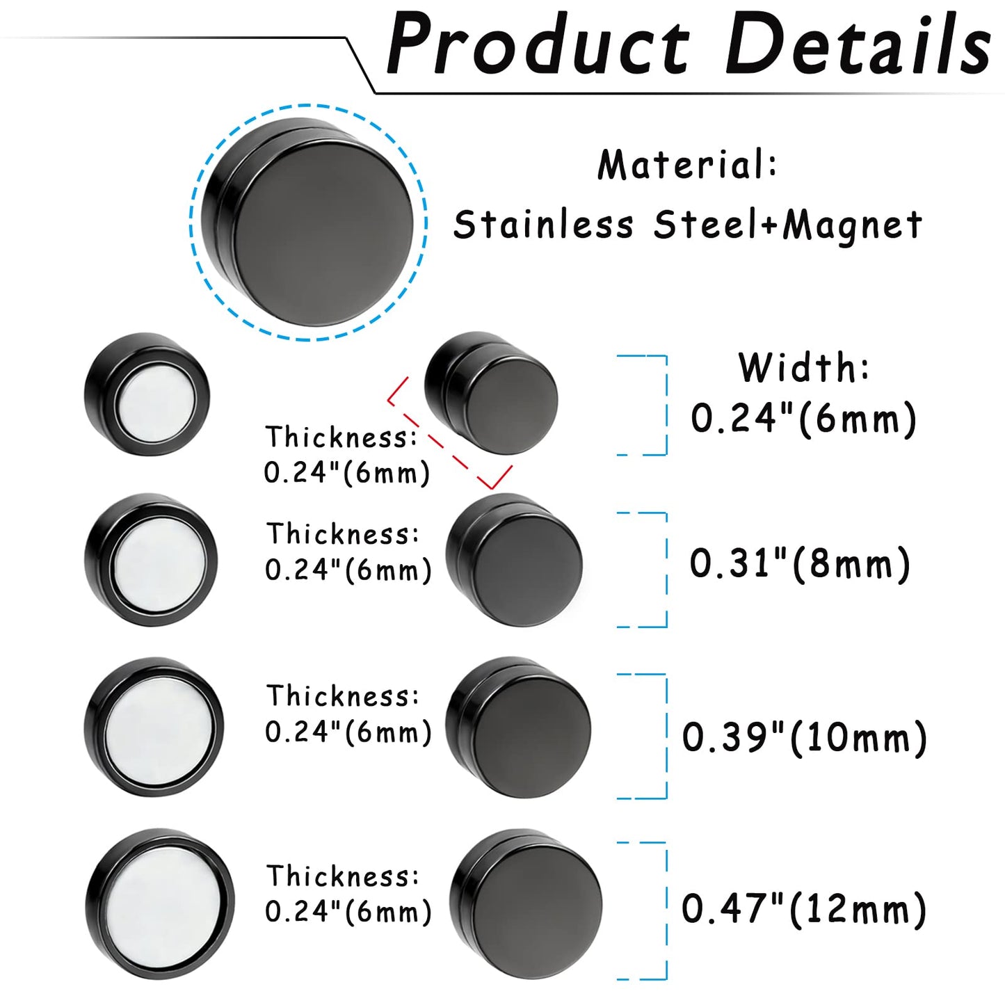 Rofusn Punk 10mm Stainless Steel Black Non-piercing Clip On Fake Cheater Stud Earrings for Men Women