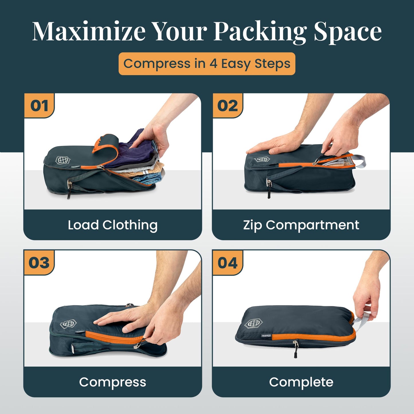Compression Packing Cubes for Travel – 6 Piece Luggage Organizer Set with Lightweight Laundry Bag/Backpack – Travel Essentials for Carry-On Suitcase or Checked Luggage (Grey/Orange)