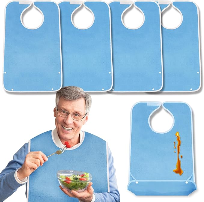 4 Pack Terry Cloth Adult Bibs with Crumb Catcher, Washable Adjustable Adult Bibs for Unisex Men Women Elderly Seniors