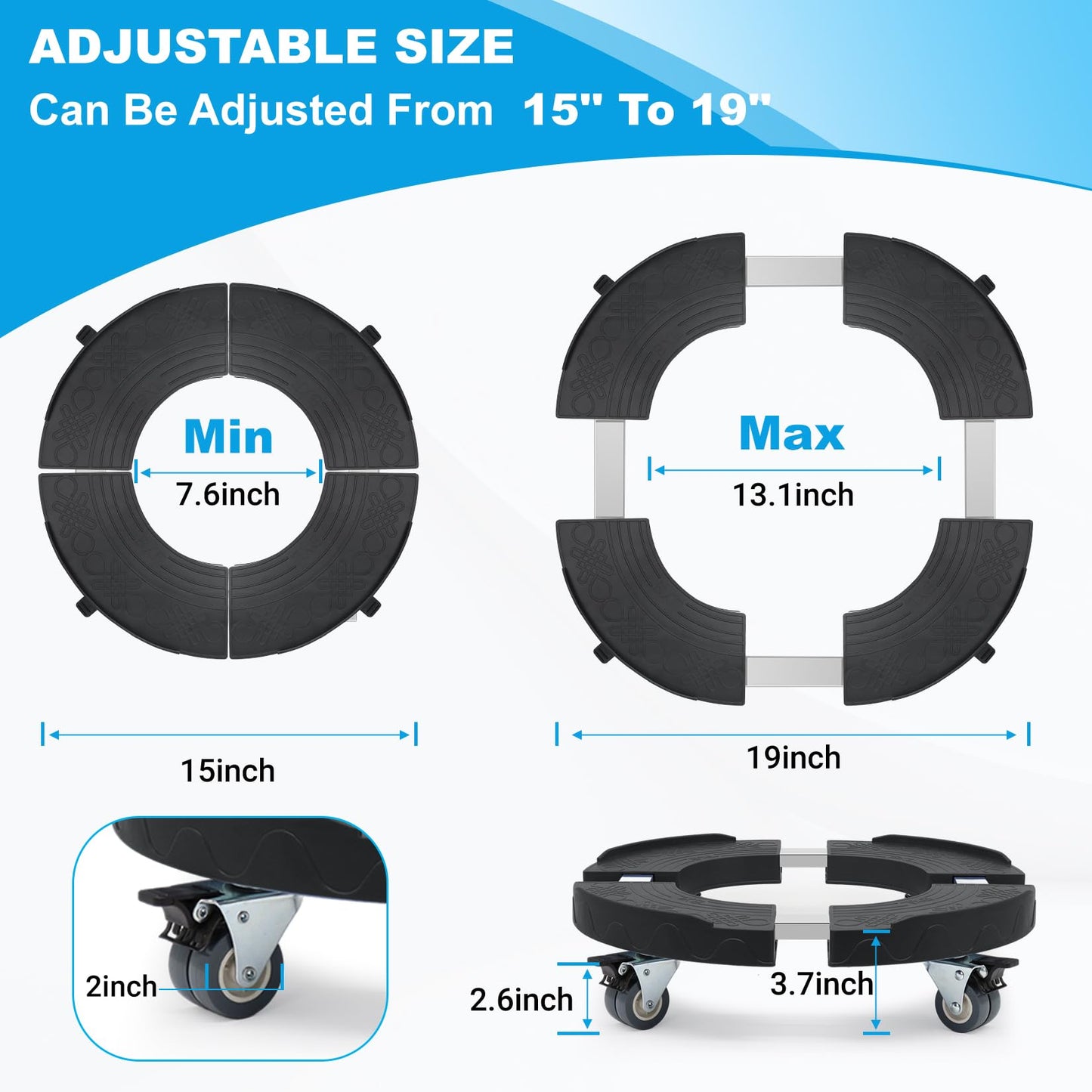 Humagineer Trash Can Dolly Wheels, Adjustable 15-19 Inch Round Roller with Locking Wheels 440 LBS Heavy Duty Drum Cart Multi Function Rolling Dollies Stand Plant Caddy, Black