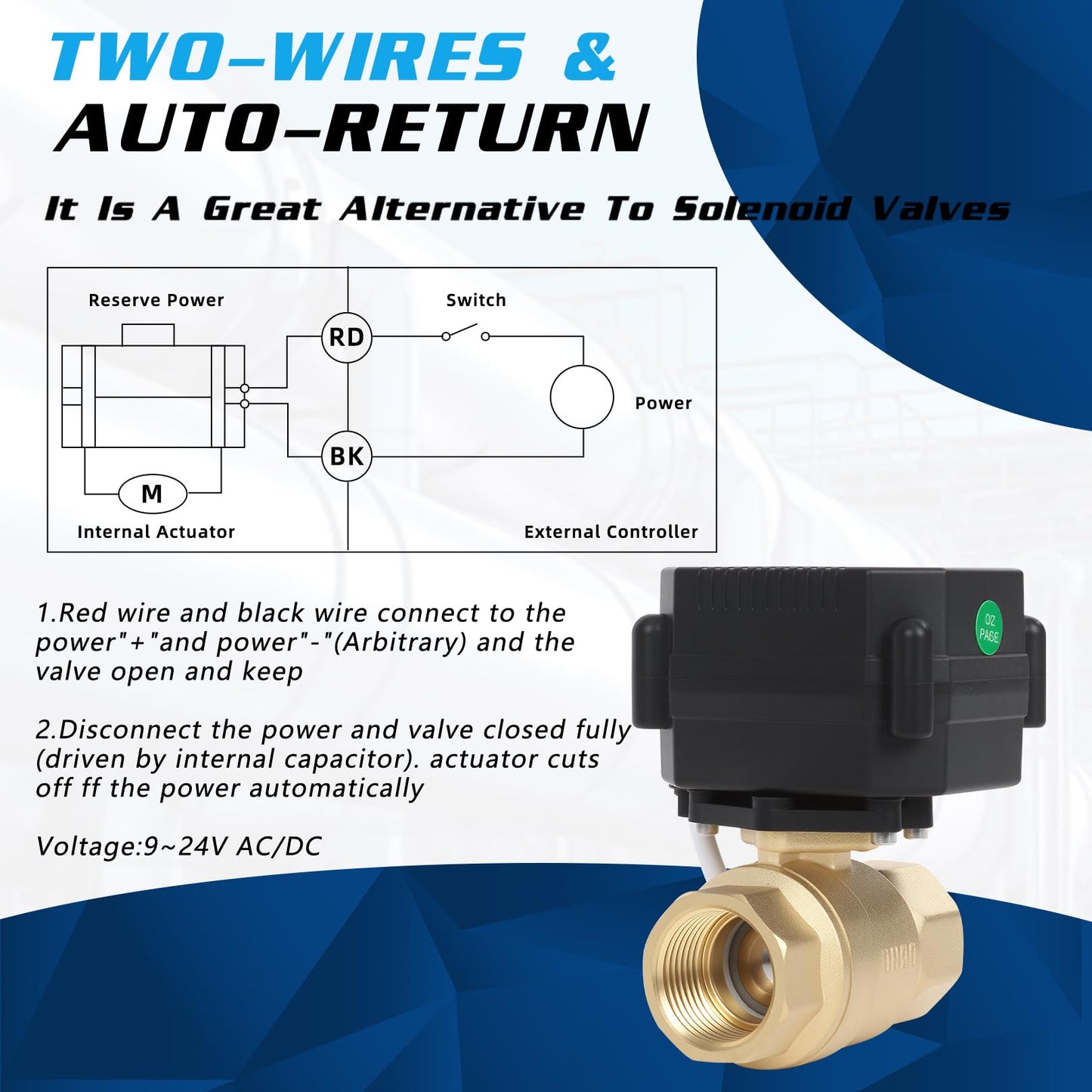 movafaFH 1" Motorized Ball Valve Brass - 2 Wire Auto Return Electric Water Valve with Full Port, 9-24V AC/DC Automatic Ball Valve