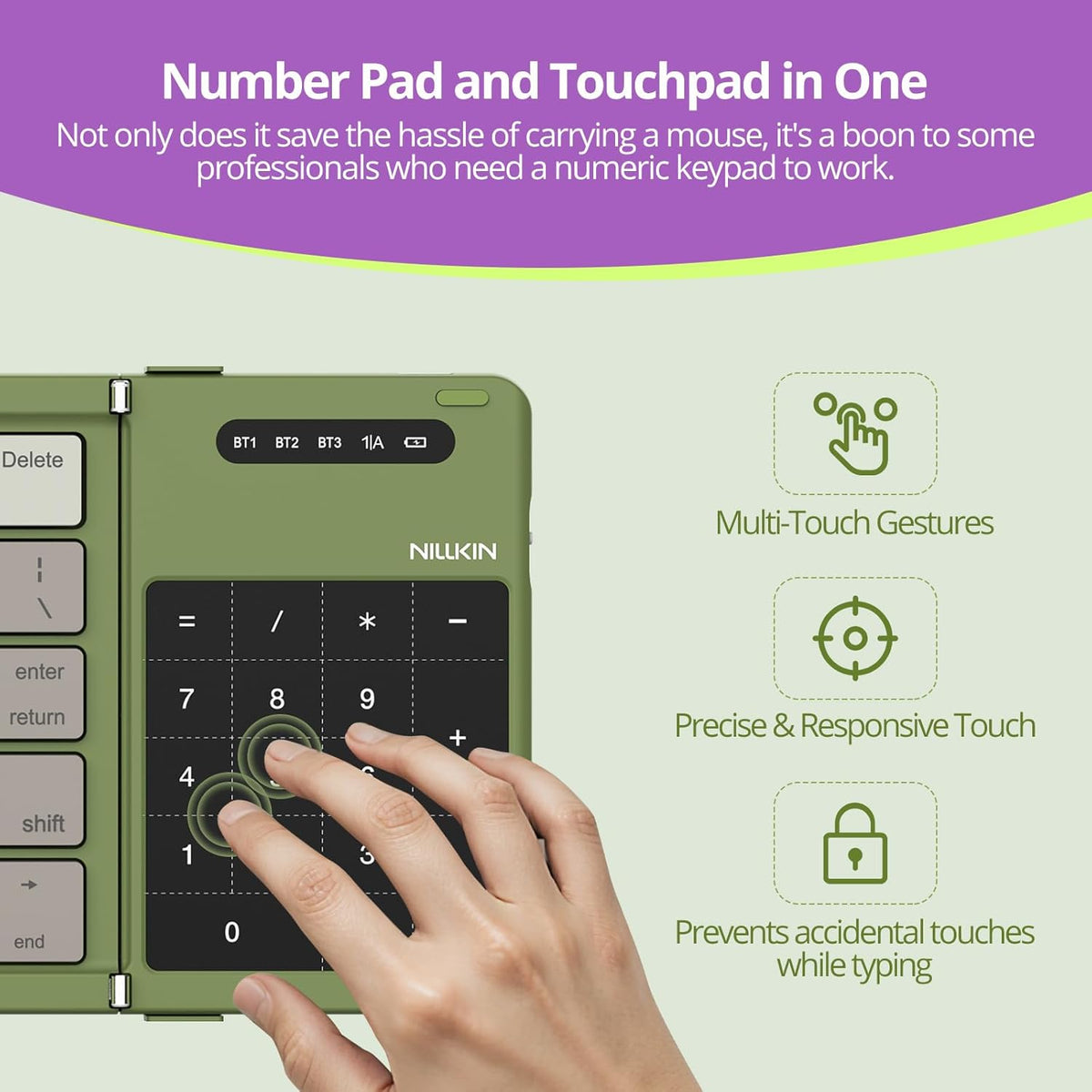 Nillkin Pocket Foldable Keyboard with Touchpad & Wireless Bluetooth, Portable Travel Keyboard for Home or Mobile Office Replaces Keypads and Mouse Combo, Compatible with iPad, Laptop, Tablet - Green