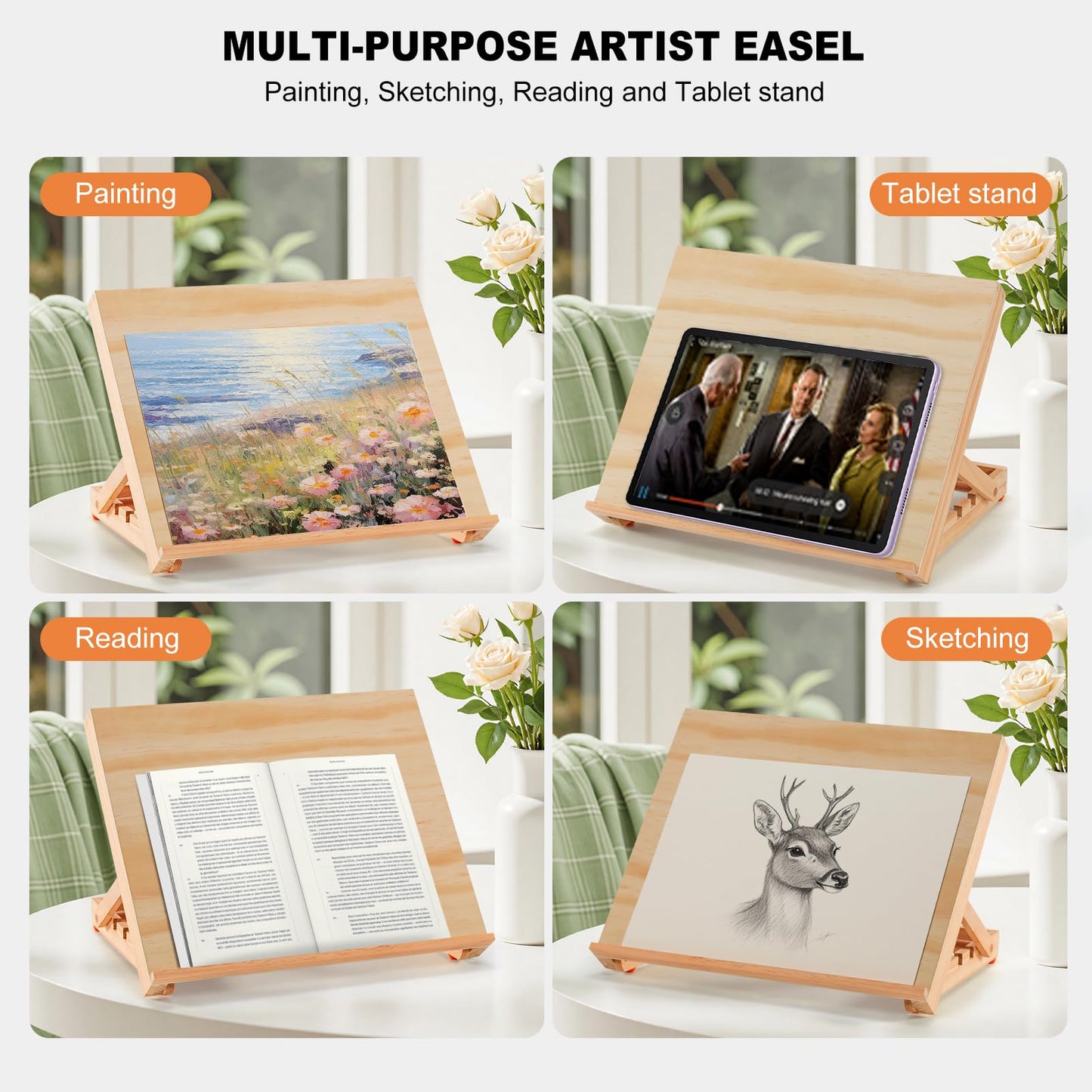 Tabletop Easel for Painting, 13.8"x11.4" Adjustable Portable Art Easel Includes Art Painting Papers, Sketch Papers and Masking Tape, Pinewood Drawing Board for Canvas, Books and Artwork