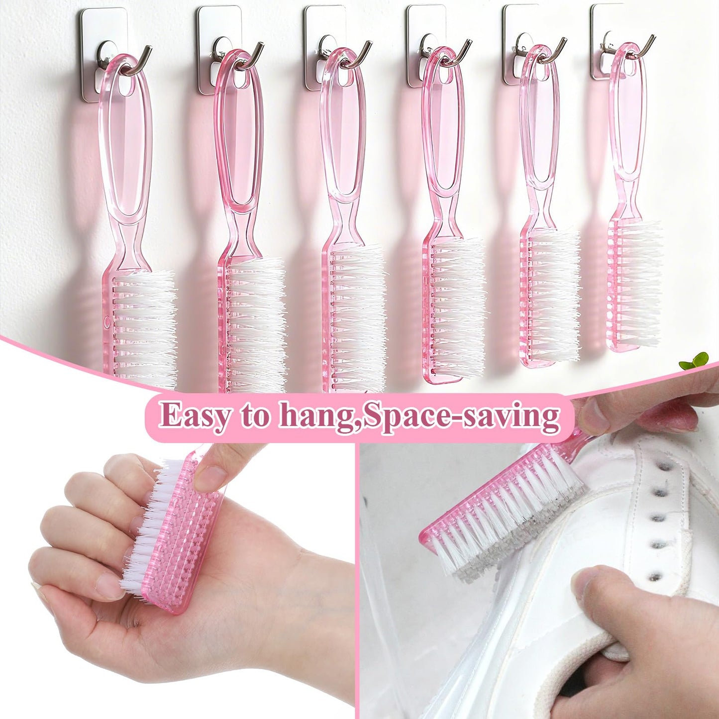 YBEATY 60PCS Handle Grip Nail Cleaning Brushes, Hand Fingernails Scrubber Brushes Pedicure Dust Brush Manicure Tools for Women Men Home Salon Nail Foot Toes Cleaner (Clear Pink)