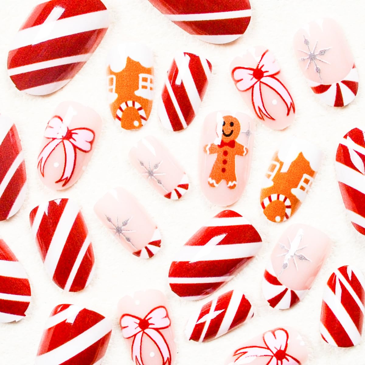 Christmas Gingerbread Man Press on Nails Short Oval Fake Nails with Bow & Stripe Designs Red Whiter Tip Xmas Cute False Nails Winter Holiday Nail Press ons Snowflake Full Cover Glue on Nail 24Pcs