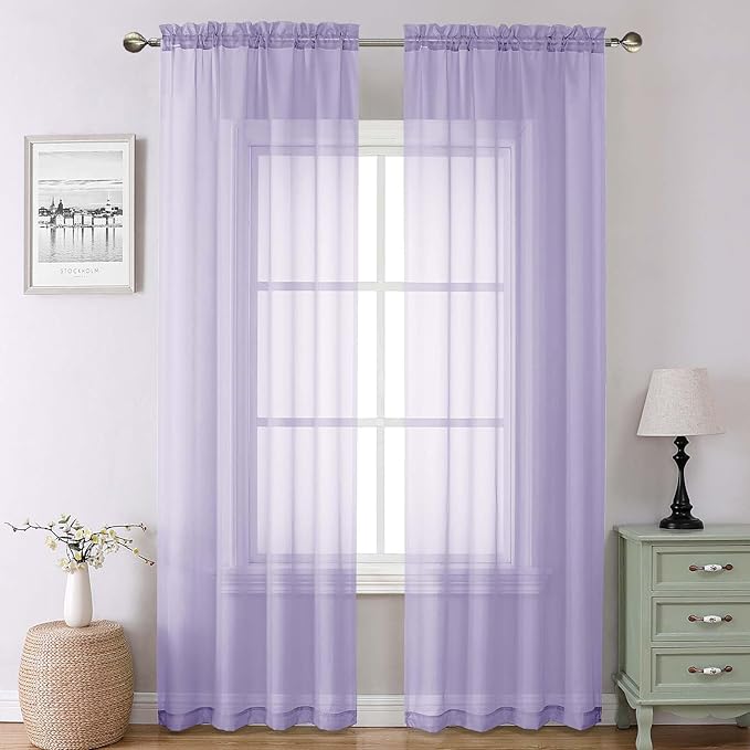 Lecloud Lavender Sheer Curtains 90 Inches Long 2 Panels Set, Light Filtering Solid Voile Drapes, Airy Privacy Window Decor Curtains with Rod Pocket for Living Room Girl's Bedroom, Each 42" W x 90" L