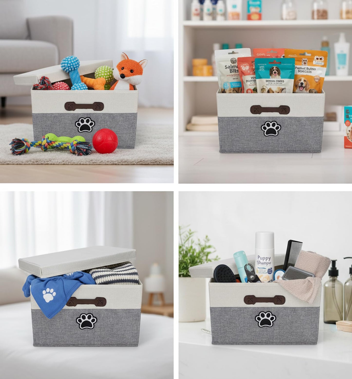 Brabtod Dog Toy Basket with Lid, Fabric Dog Toy Box with Handle, Collapsible Dogs Cat Toys Storage Bins,Pet Storage and Orgnizer-White/Gray