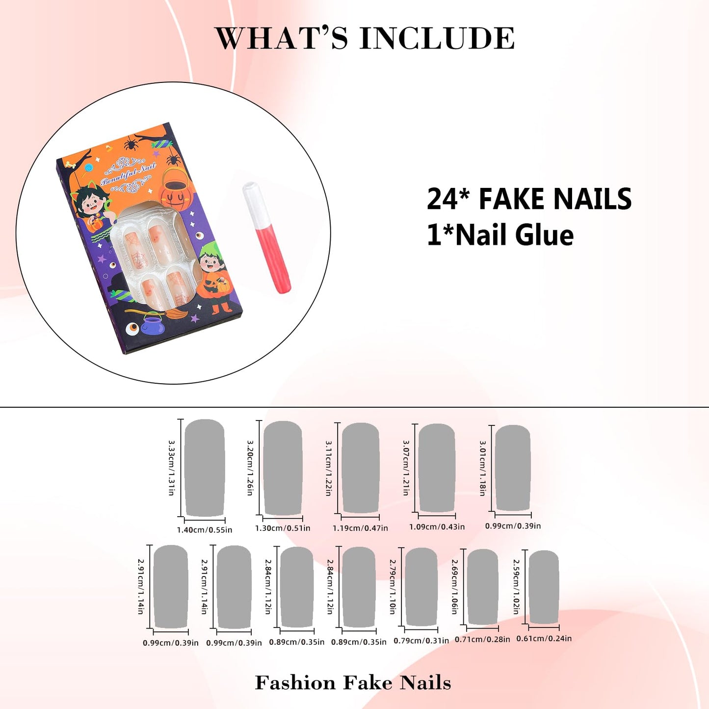 IMRAIN Halloween Press on Nails Long Square Fake Nails Nude Glossy Acrylic False Nails with Glitter Ghost Designs Full Cover Cute Glue on Nails for Women