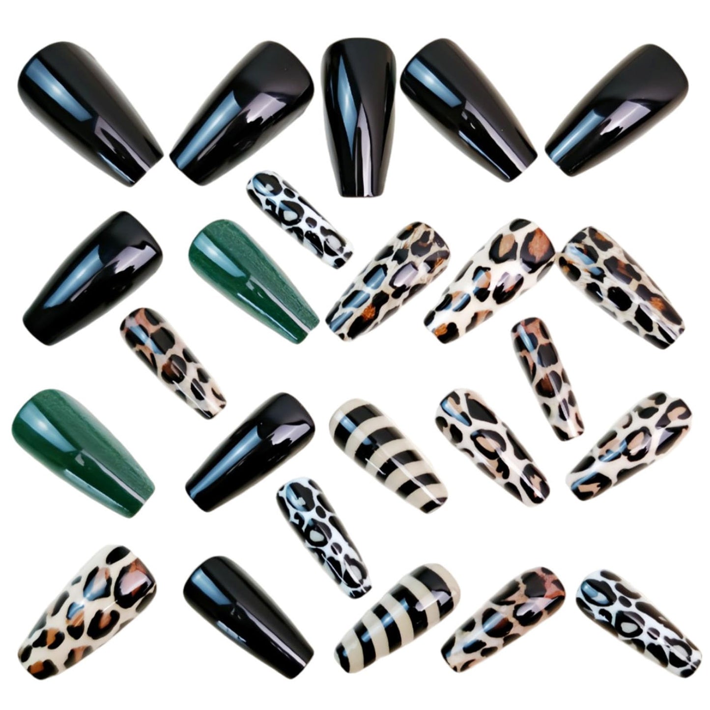 Fall Press on Nails Medium Coffin Fake Nails with Leopard Print Black Lines Designs Glossy Glue on Nails Green Nails Press ons Autumn Acrylic Artificial Stick on Nails for Women 24Pcs