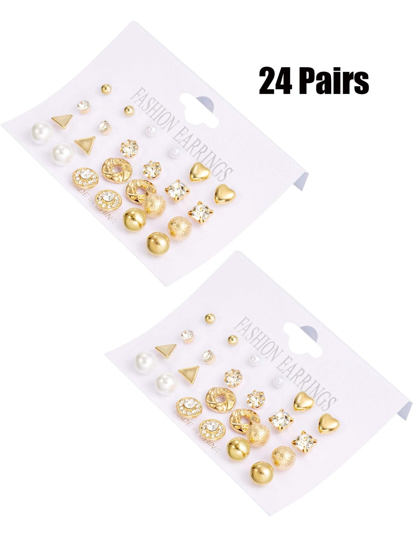 BBTO 24 Pairs Stud Earrings Crystal Pearl Earring Set Ear Stud Jewelry for Women Men(Gold)