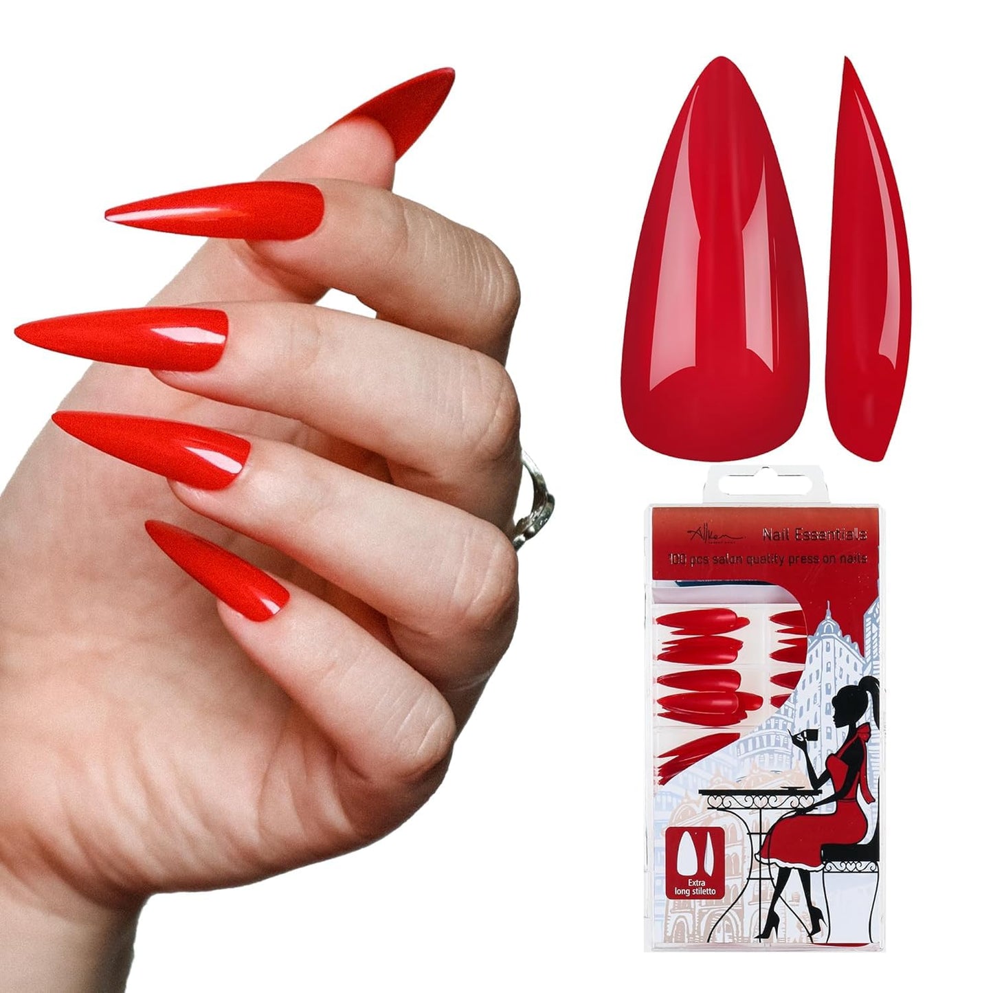 Allkem Press On Nails - Hot Red Glossy Extra Long Stiletto Sculpted Multipack | 10 sizes - 100 pcs False Nails Full Cover Nail Kit with Glue