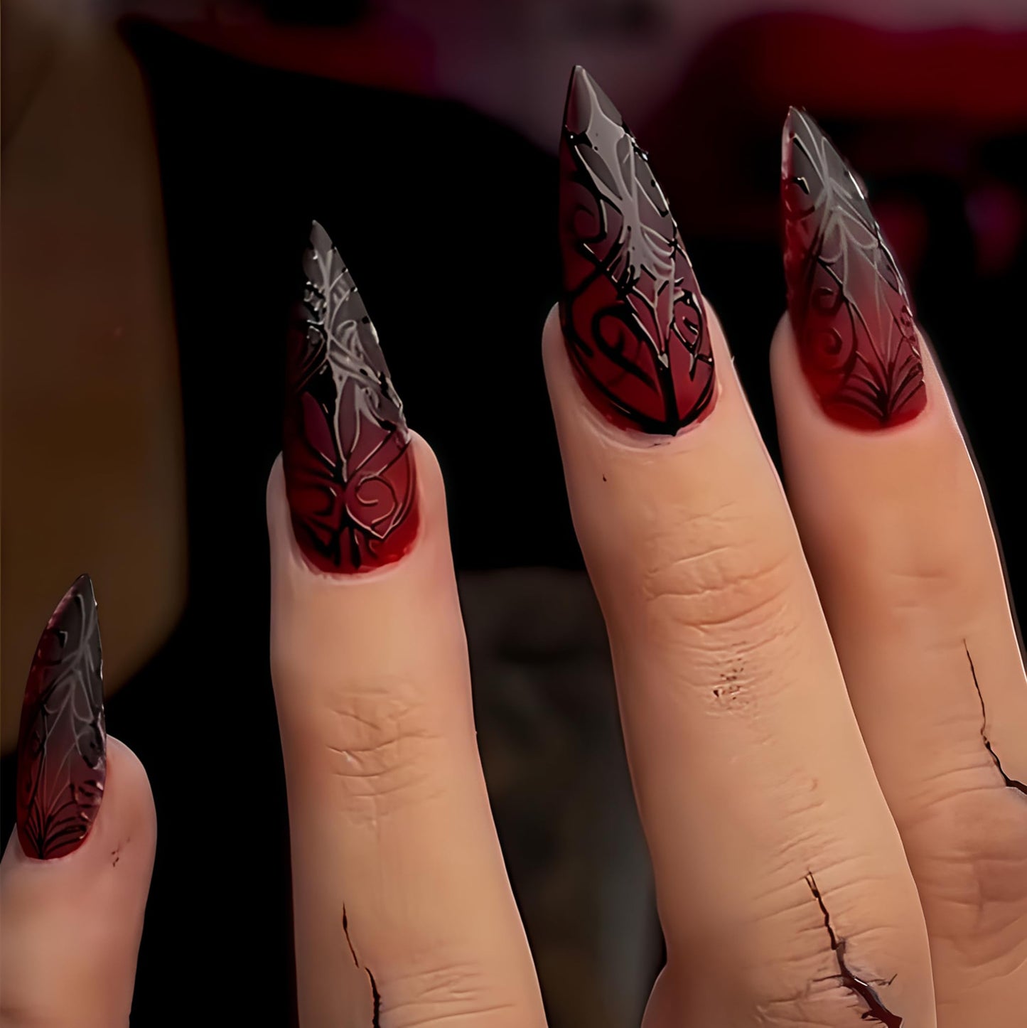 SEENEEY Long Almond Press on Nails Halloween Dark Red Artificial Fake Nails with Black Spider Web Designs Stick on Nail for Women 24pcs