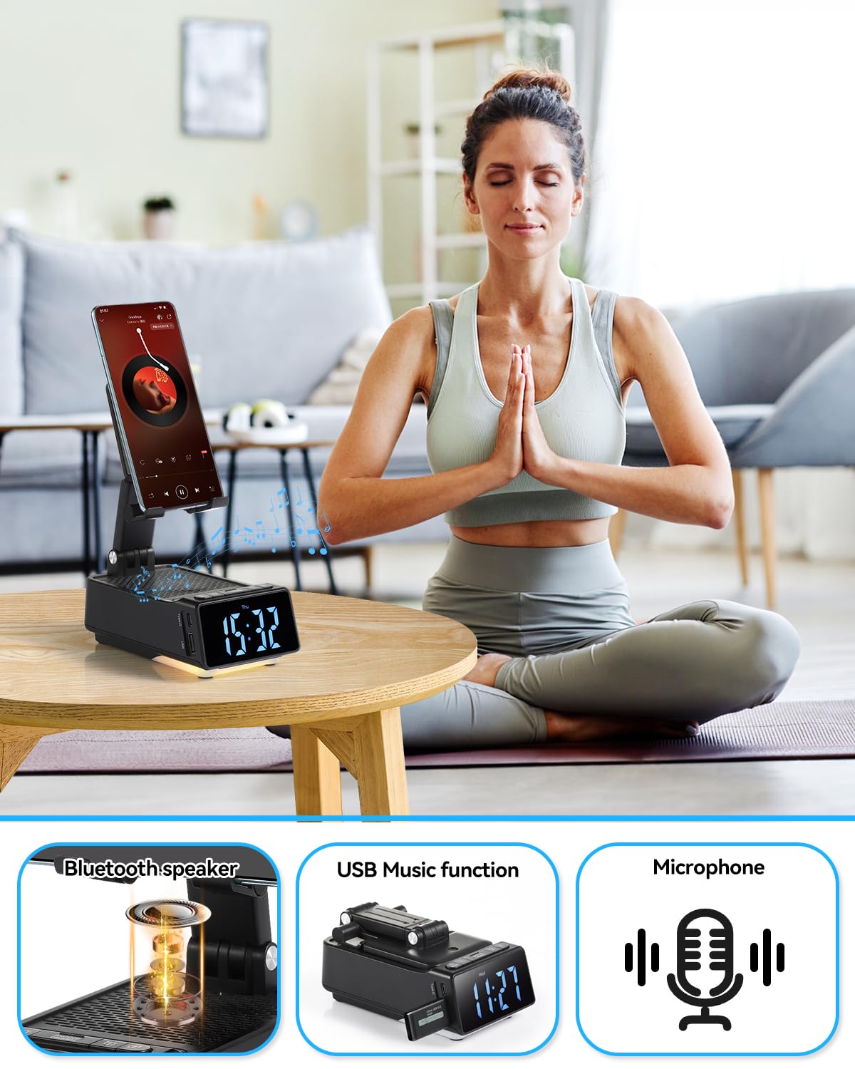 Father's Day Gifts for Dad, Birthday Gifts for Men, 7 in 1 Phone Stand Bluetooth Speaker with Alarm Clock, Wireless Charger, Light, USB Playback & Hands-Free Calling