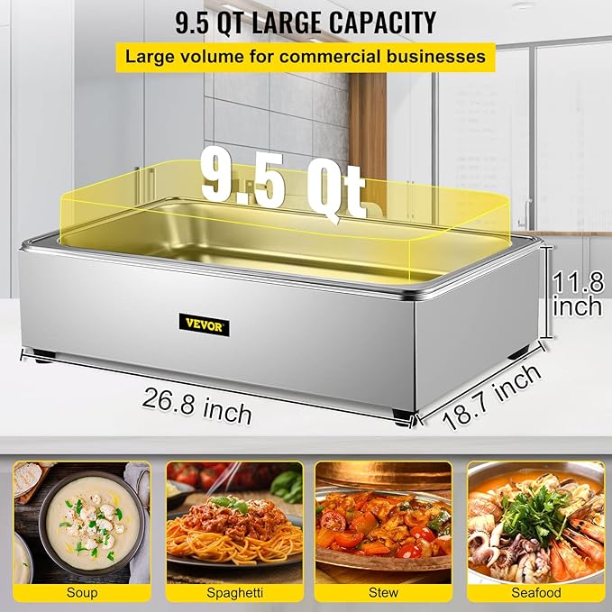 VEVOR Commercial Food Warmer, Full-Size 1 Pot Steam Table with Lid, 9.5 Quart Electric food Warmers, Grade Stainless Steel Bain Marie Buffet Equipment, Fits 21 x 13.2 Pan, 400W, for Restaurant, Sliver