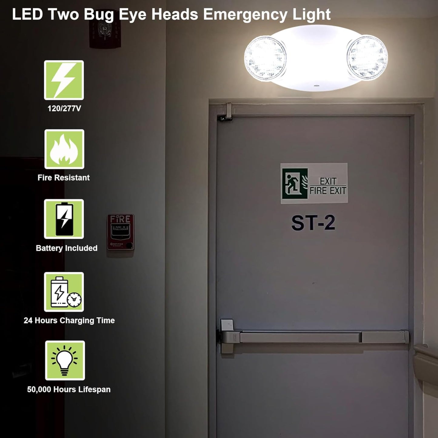 LIT-PaTH LED Emergency Lighting Fixtures with 2 LED Bug Eye Heads and Back Up Batteries- US Standard Exit Light, UL 924 and CEC Qualified, 120/277 Voltage, White, 1-Pack