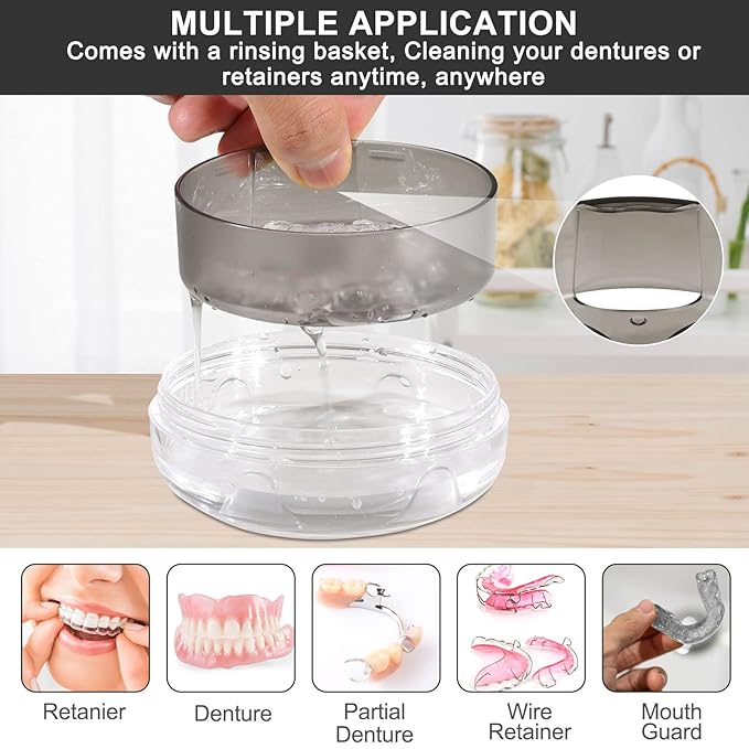 Denture Case, Leak Proof Denture Bath Case Cup Kit for Travel Cleaning, Denture Holder Box Bath Soaking Container for Women & Men with Mirror, Strainer, Removal Tool and Denture Brush(Grey)