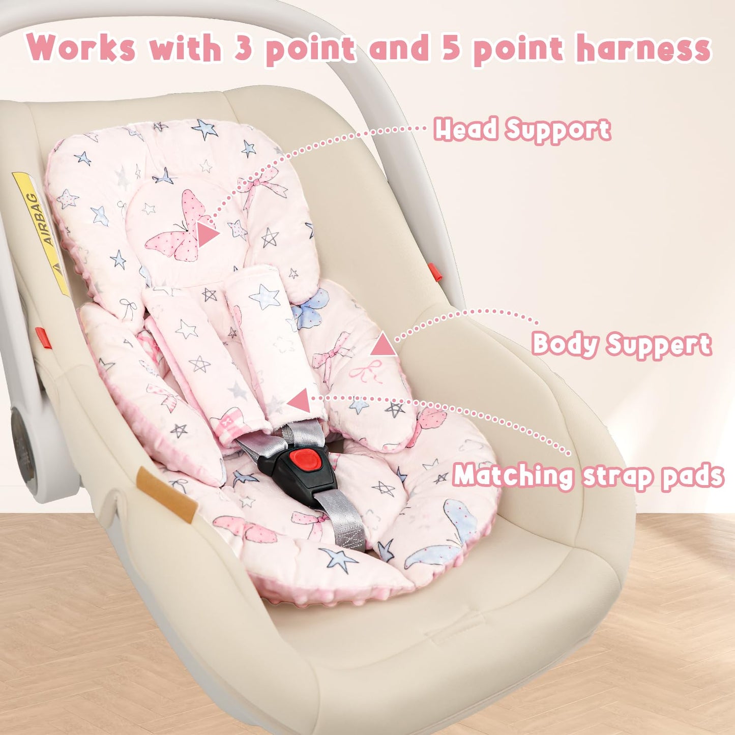 GFU Infant Car Seat Insert Head and Body Support, Reversible Newborn Insert for Carseat with Strap Pads, Soft Stroller Cushion Pillow Insert for Boys and Girls, Fits for Stroller, Swing，Pink