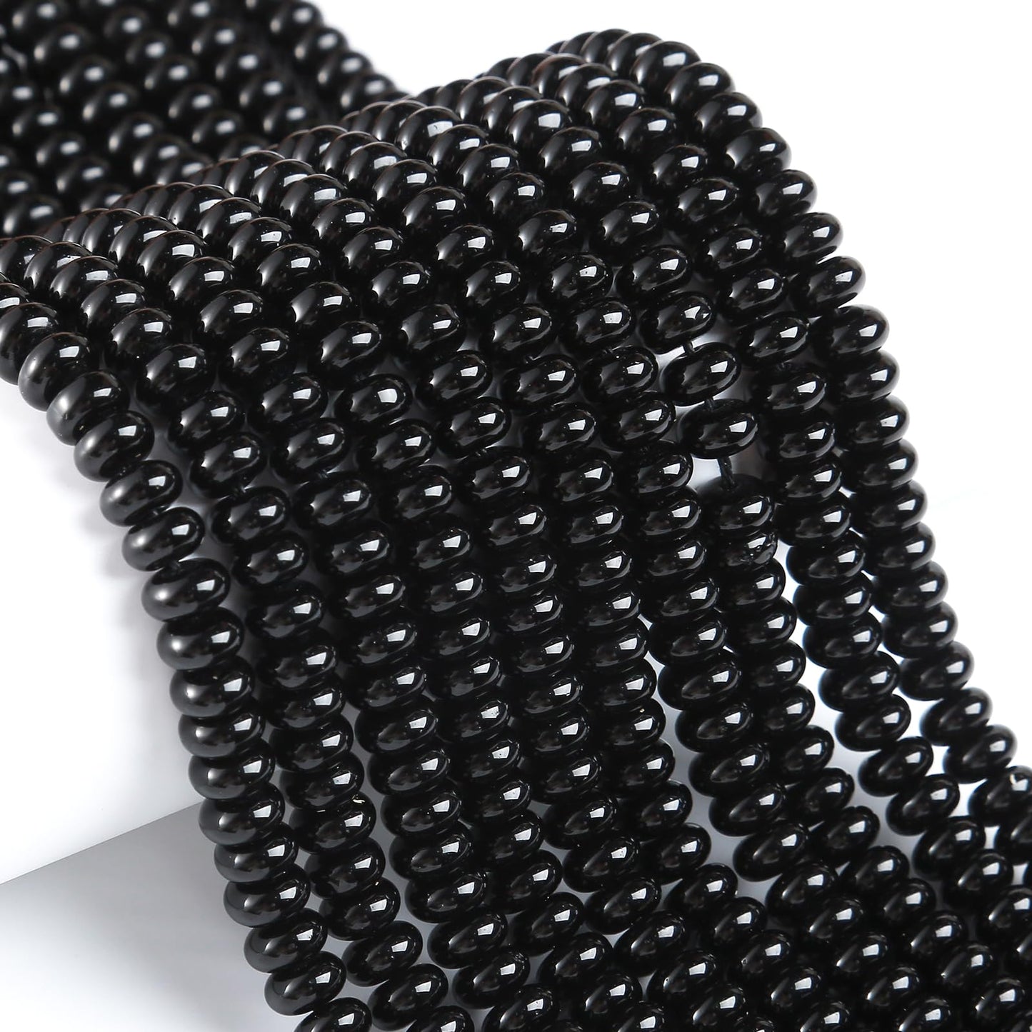76pcs 5x8mm Natural Stone Black Agate Rondelle Spacer Loose Beads Abacus Disk Stone Round Loose Gemstone Beads for Jewelry Making DIY Bracelet Necklace