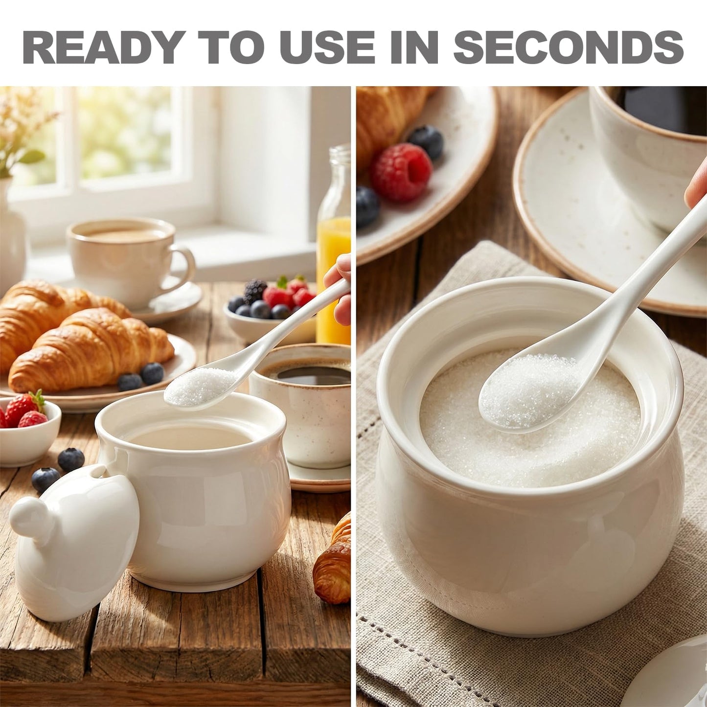 JOYLULU Sugar Bowl with Lid and Spoon, Elegant Ceramic Container for Salt, Pepper, Spices and Sugar, Easy to Clean, Ideal for Coffee Bar, Kitchen Counter & Dining Table, 7 Oz White Porcelain Jar