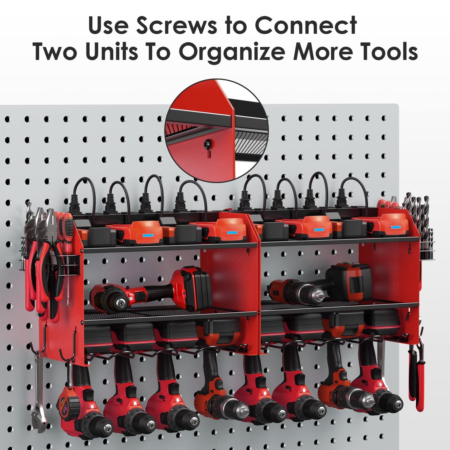 CCCEI Modular Power Tool Organizer Wall Mount with Charging Station. Garage Drill Storage Shelf with Hooks, Heavy Duty Rack, Tool Battery Holder Built in 8 Outlet. Gift for Men. Red, 1 Pack.