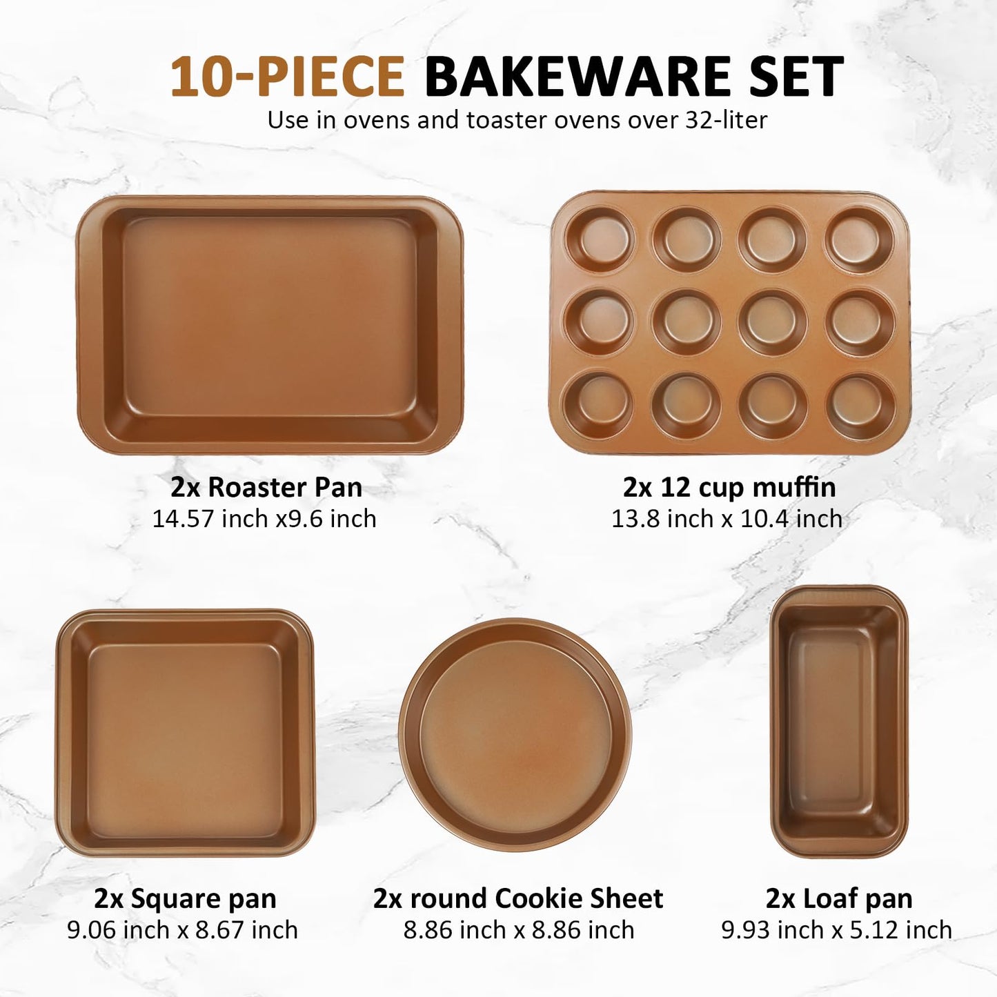 KOOMADE 10PCS Nonstick Baking Pans Set - Bakeware Sets for Cooking, Oven and Dishwasher Safe, Non Toxic, Includes Cookie Sheets for Baking, Muffin Pan, Bread Pan, Cake pan, Loaf Pan, Roasting Pan Gold