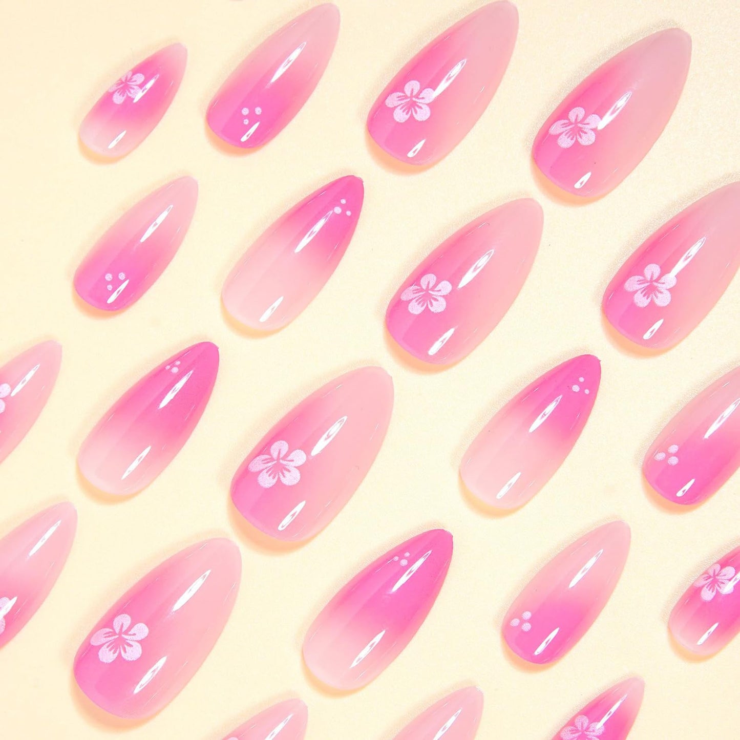 MISUD Press on Nails - Medium Almond Fake Nails with Pink Ombre, Acrylic Flower Design 24 pcs