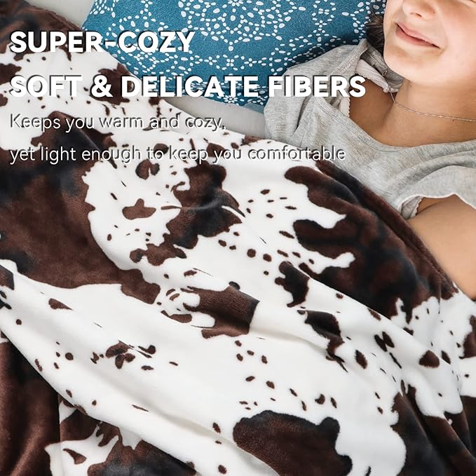 Cow Print Twin Blanket 60x80 Inch - Soft Plush Fleece Throw for Bedroom Living Room, Black & White Animal Print Bedding, Lightweight Cozy Blanket for Adults & Kids