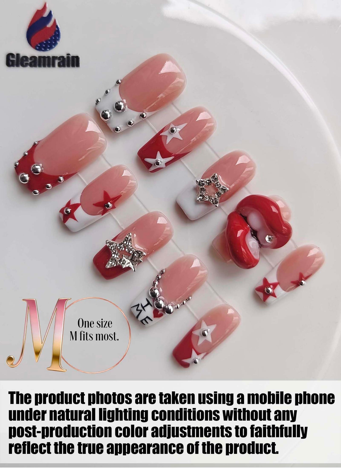 Gleamrain 10pcs Nude Handmade Long Press-on Nails Coffin Shape (M Size) with 3D Designs for Women Suitable for Beach Proms, Parties Wear, D110