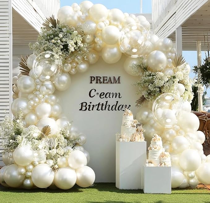 Pearl Ivory White Balloon Arch Double Stuffed Pastel White Ivory Cream Beige Balloon Garland Kit Different Sizes 12/10/5in With Clear Bobo Balloons for Birthday Wedding Bridal Baby Shower Party Decor