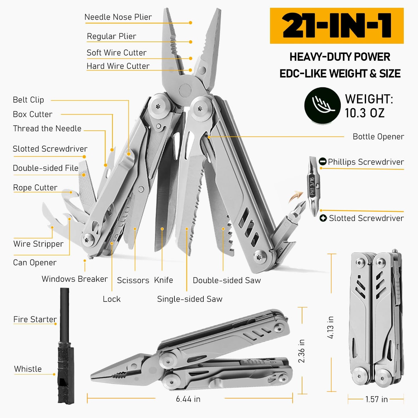 Elvesoar 21-in-1 Stainless Steel Multitool, Self-Locking EDC Multi Tool with Needle Nose Pliers, Pocket Knife, 2 Screwdriver Bits, Saw, Sheath & Fire Starter - 10.3oz, Camping Gifts for Men