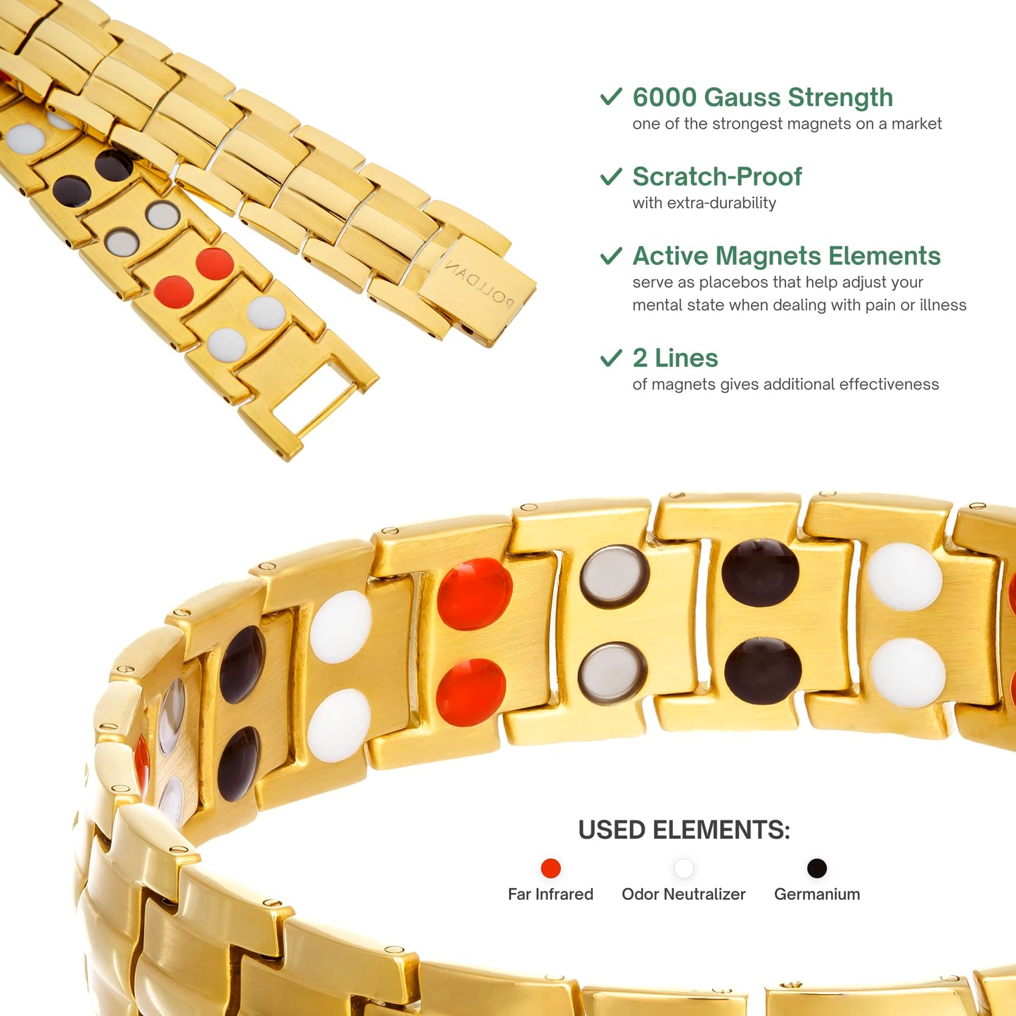 POLLDAN® 3X Power Magnetic Bracelets For Men | 6200 Gauss Strength Mens Titanium Bracelet with Fold-Over Clasp, Adjustable Length, Gift Box, Sizing Tool | Innovative Magnets Alloy - Patent (2X Gold)