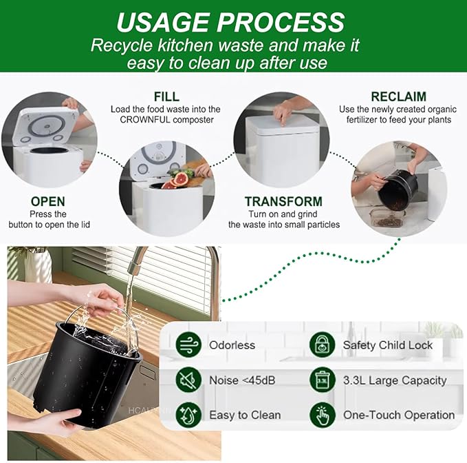 Electric Composter, Kitchen Bin, Odorless/Auto-Clean/Led Display, Turn Food Waste Into Fertilizer In 4/6 Hrs,3.3L Large Capacity,220V