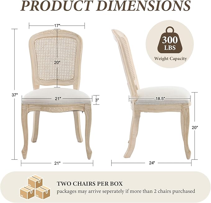 Wicker Dining Chairs Set of 4, Upholstered Linen Fabric Dining Room Chairs with Square High Rattan Back Farmhouse French Kitchen Chairs for Dining Table/Living Room/Restaurant, White