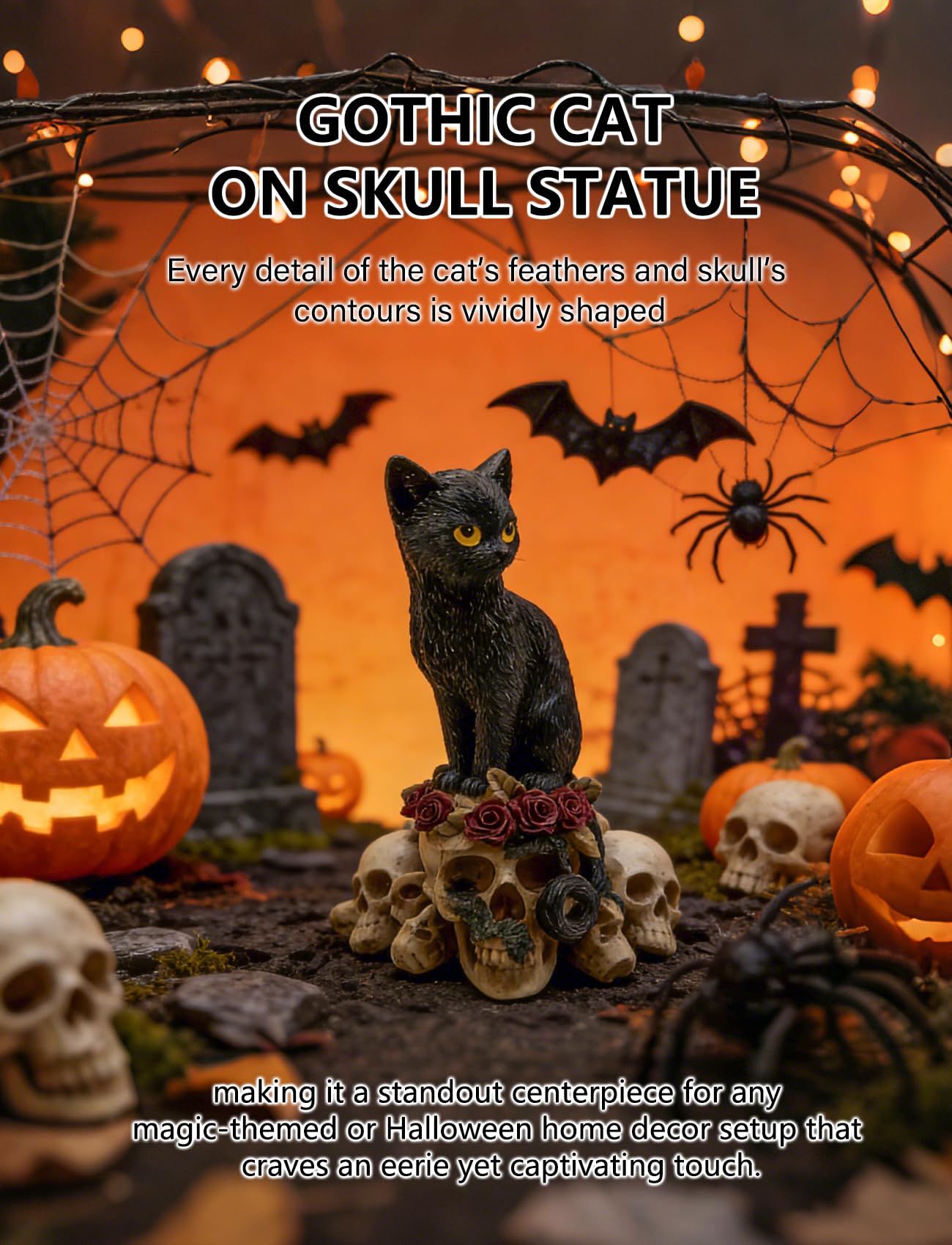 Coyoohouse Gothic Raven on Skull Statue, Dark Mysterious Resin Ornament, Spooky Crow Figurine for Halloween Home Decor, Desktop Gift for Skull Lovers on Birthday & Holiday (Cat)