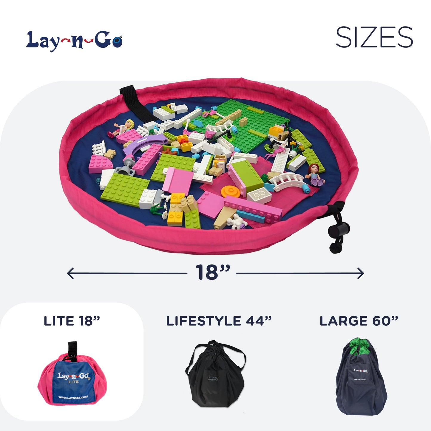 Lay-n-Go Layflat Portable Drawstring Cinch Storage Toy & Mini Figures Organizer & Play Mat, Mesh Pockets, Home & Travel, Kids & Toddlers Playdates, 2 Straps for Backpack, Durable, Machine Washable