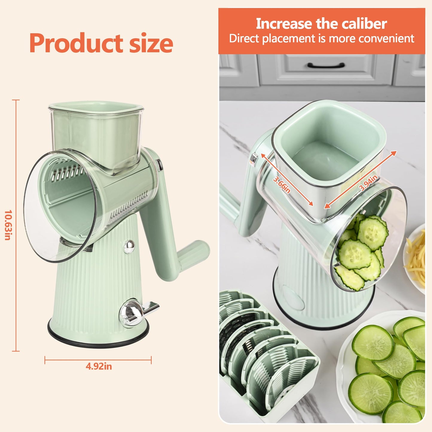 Cheese Grater With Hand Crank Countertop For Kitchen，Grater Shredder With Handle For Kitchen Rotating，Vegetable Slicer，Nuts Grinder Cheese Shredder with Clean Brush(5 Blades Matcha Color)