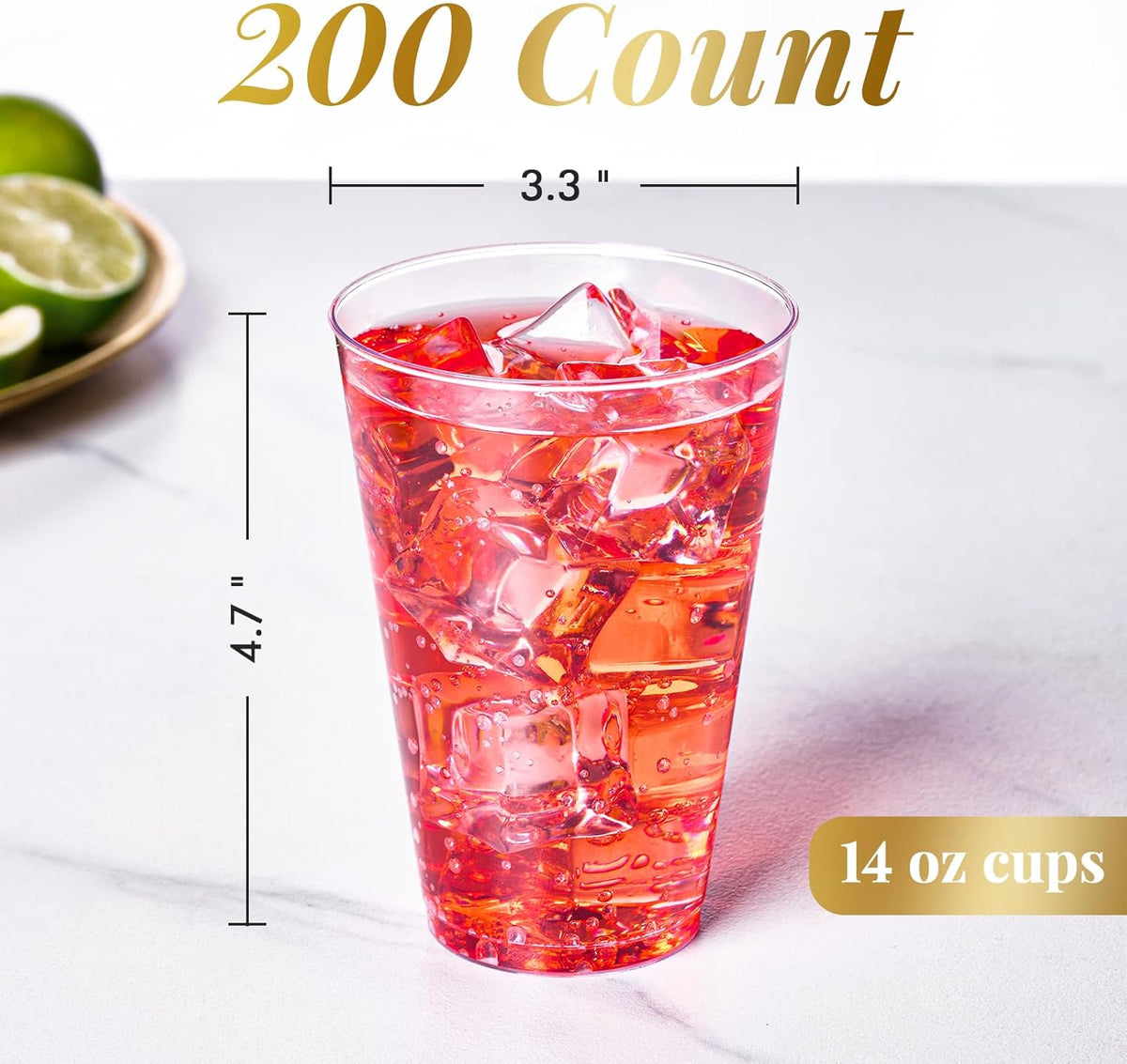 FOCUSLINE 200 Pack 14 oz Clear Plastic Cups, Large Disposable Cups Plastic Party Cup, 14 Ounce Heavy duty Clear Cups for Thanksgiving, Halloween, Christmas