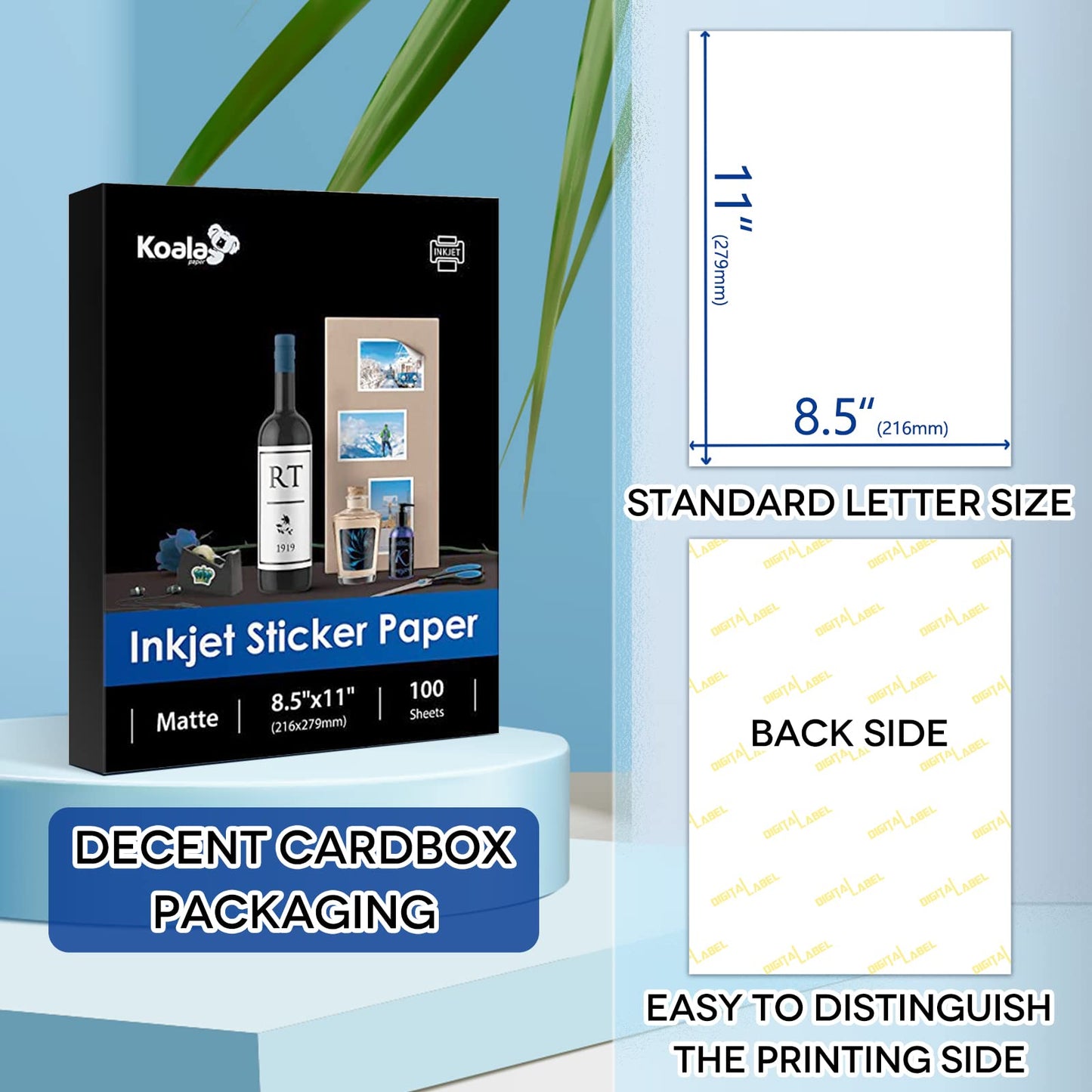 Koala 100 Sheets Sticker Paper for Regular Labels, Matte White, 8.5x11 Inch Printable Full Sheet Label Paper for Inkjet & Laser Printers